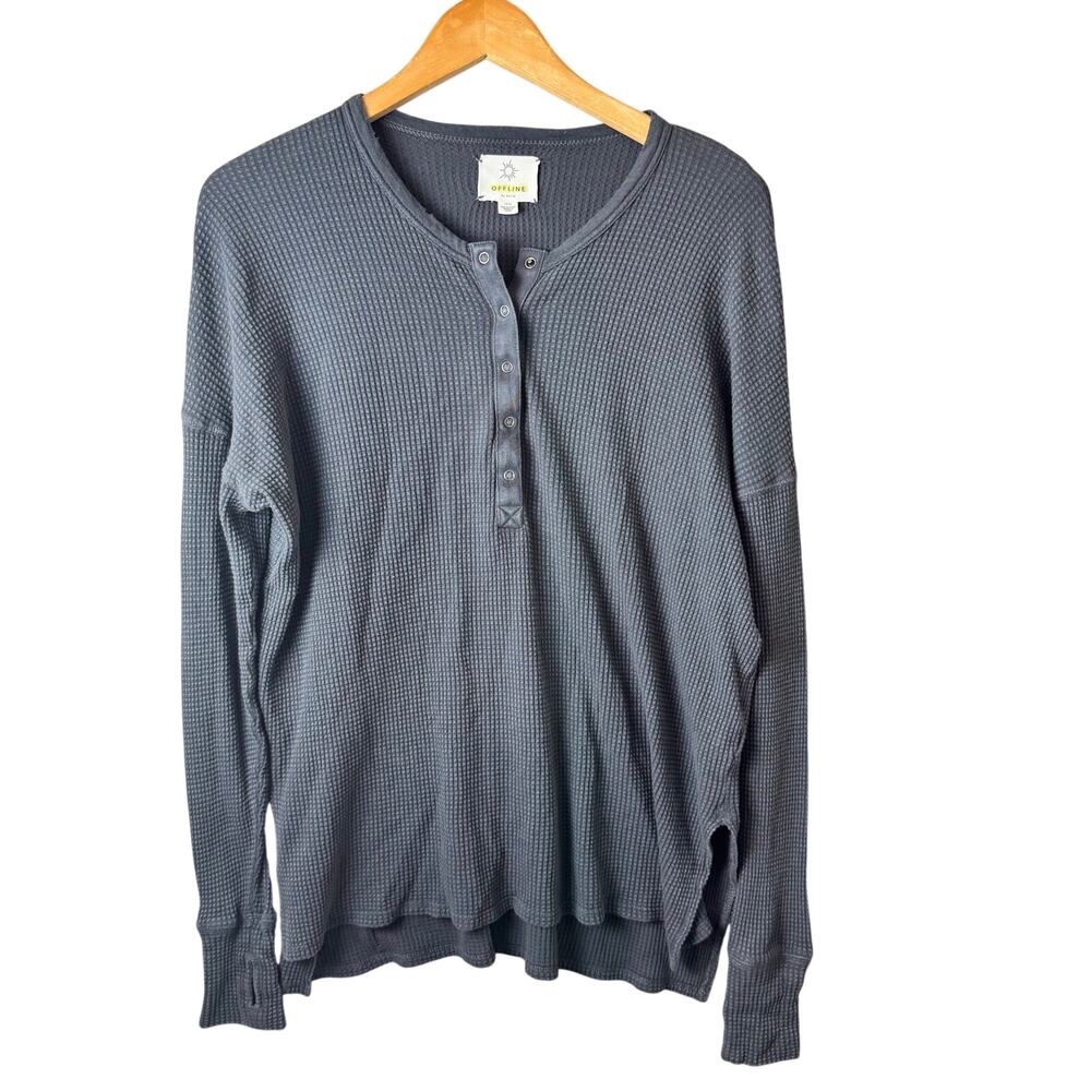 Aerie Offline Waffleknit Top Womens Oversized Small Grey Thumbholes Henley Shirt